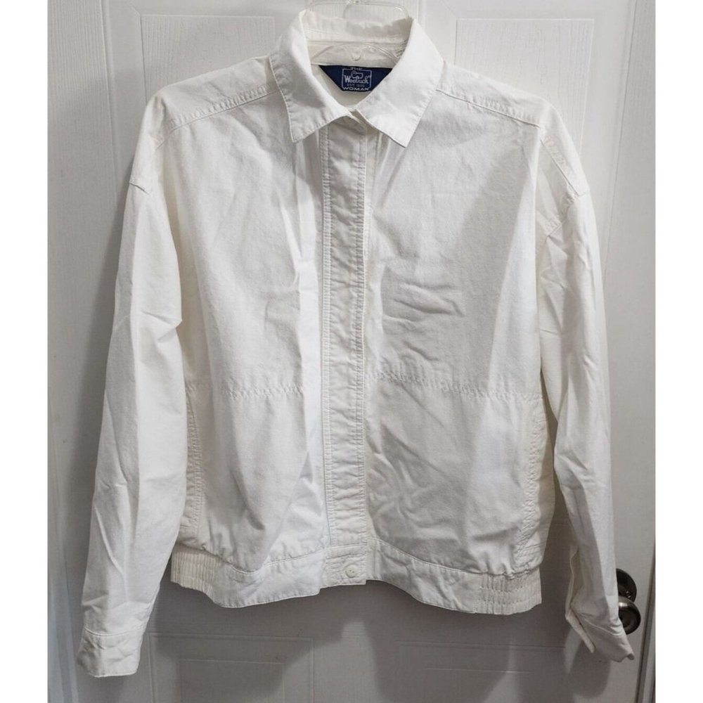 Vtg Woolrich Women's Long Sleeve Button Front Bomber Jacket Cotton White Sz M